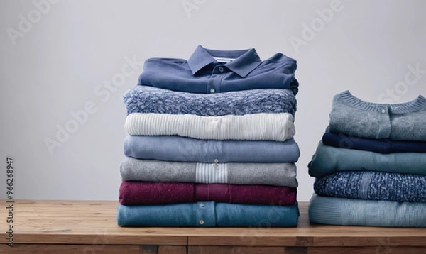 Fototapeta A stack of neatly folded clothes sits on a wooden table, showcasing a variety of colors and textures