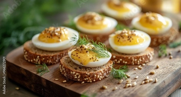 Obraz Decorative appetizer of soft-boiled eggs on toasted bread with herbs and seeds in a rustic setting