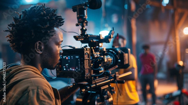 Fototapeta Black filmmaker behind a camera, directing a scene on a set with lights and crew in the background.