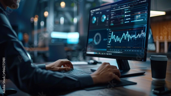 Fototapeta Businessperson typing on a high-end desktop in a modern office.
