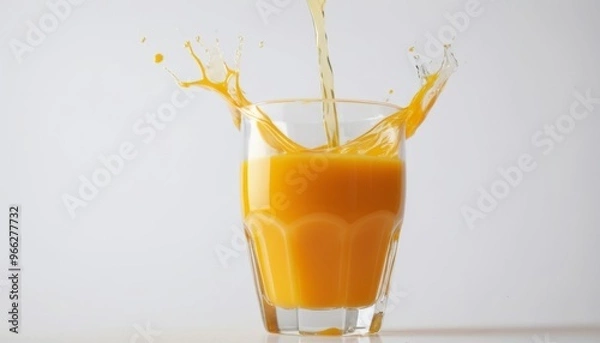 Fototapeta A glass of orange juice being poured, creating a splash against a white background