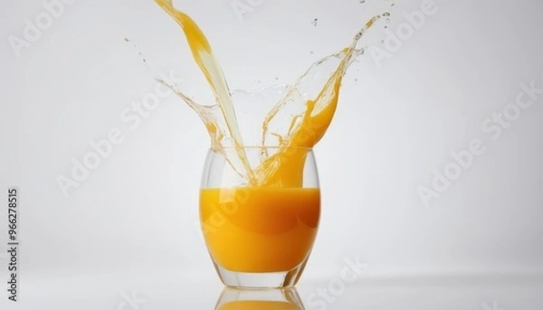 Fototapeta A glass of orange juice being poured, creating a splash against a white background
