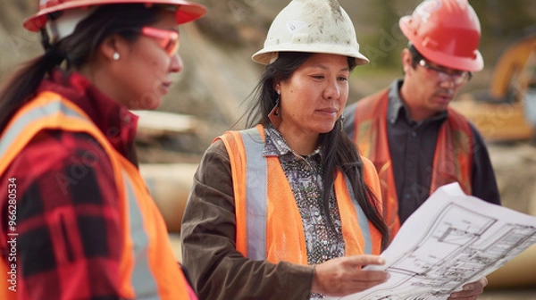 Obraz Indigenous woman engineer on a construction site, reviewing blueprints with colleagues