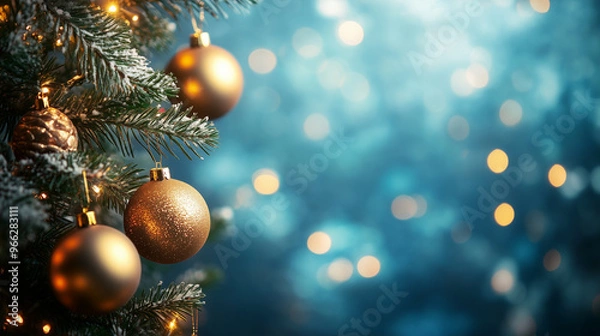 Fototapeta Close-up of a beautifully decorated Christmas tree adorned with golden baubles and warm string lights. Blue theme Christmas. Generative AI.	