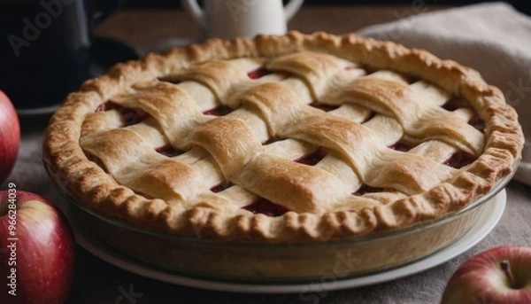 Fototapeta Homemade Apple Pie with Lattice Crust on a Plate with Apples