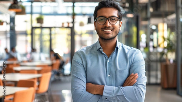Obraz South Asian man in business casual attire, standing confidently in front of a tech company office, ready for success.