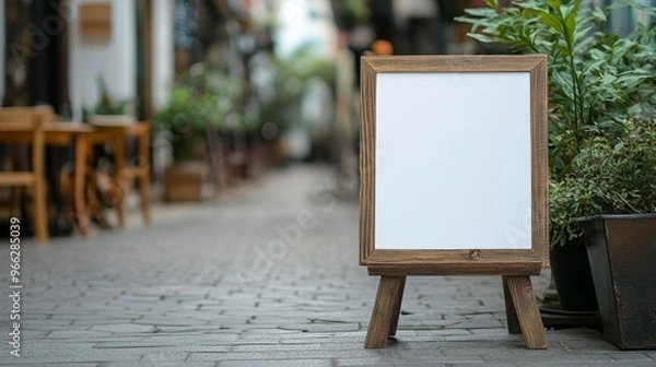 Fototapeta A rustic wooden signboard with an empty white space for text, placed on an easel, stands on a cobblestone street. It symbolizes a blank canvas, opportunity, new beginnings