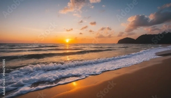Obraz Soft Blue Waves on a Sandy Beach at Sunset