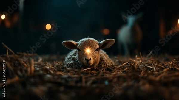 Obraz A baby lamb rests on straw, symbolizing peace and innocence in a Christmas nativity