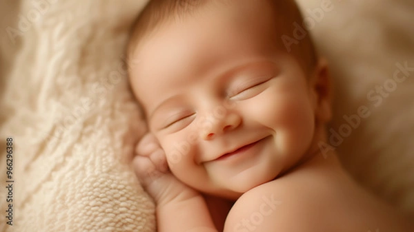 Fototapeta a newborn smiling in their sleep with their tiny face relaxed and content, set against a soft, neutral background