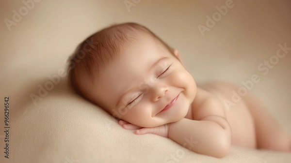 Fototapeta a newborn smiling in their sleep with their tiny face relaxed and content, set against a soft, neutral background