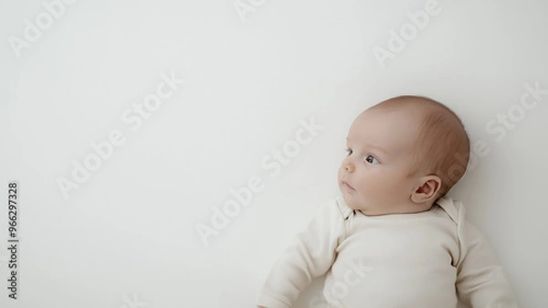 Fototapeta a newborn lying on a plain white background with the baby's delicate features and soft skin highlighted by natural light, emphasizing simplicity and purity