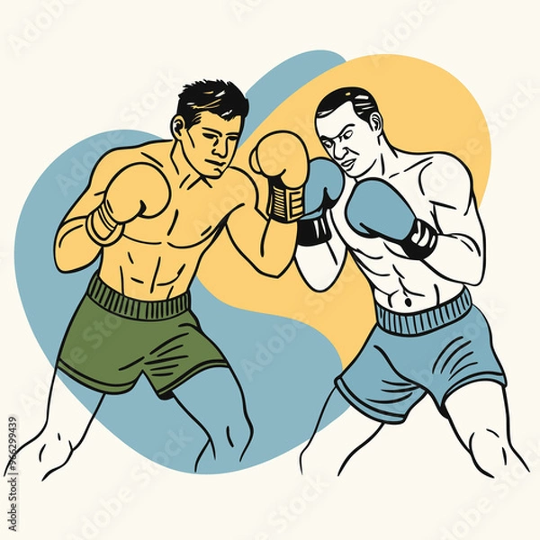 Obraz Boxer ready to fight on white background. Color blobs art.