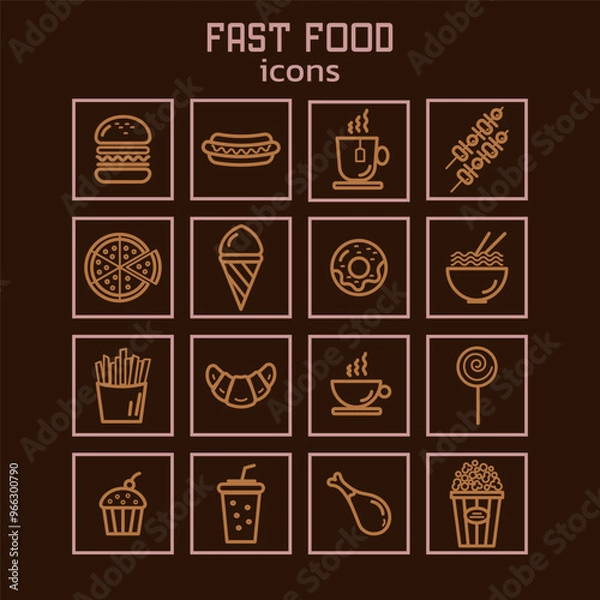 Fototapeta Collection of 16 outline fastfood icons. Takeaway and delivery food. Pizza,cupcake,donut,burger,soda,coffee,tea,popcorn, fries,ice-cream, chicken.Vector illustration in brown tones. 
