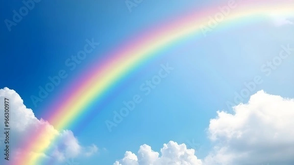 Fototapeta A vibrant rainbow arching across a clear blue sky, with soft white clouds gently floating in the background, creating a serene atmosphere,No blurriness