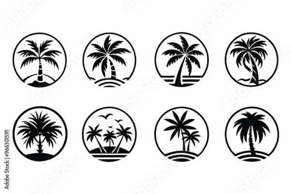 Fototapeta Simple Vector Palm Tree silhouette SVG icons and Beach Logo Designs in black and white and transparent background PNG file with Suns Clouds and Islands in the Ocean