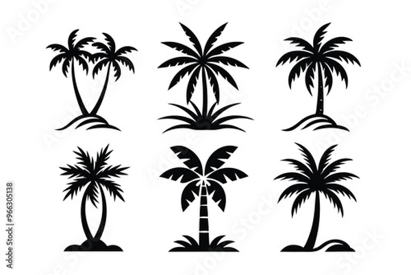 Obraz Simple Vector Palm Tree silhouette SVG icons and Beach Logo Designs in black and white and transparent background PNG file with Suns Clouds and Islands in the Ocean