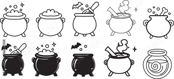 Fototapeta Asset line art witch cauldron 2d flat illustration freehand drawing style object game graphics resource icon round pot props Halloween clip art cauldron with potion bat broom black and white graphic 