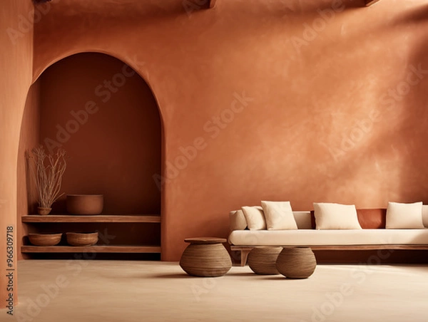 Fototapeta Wabi sabi and japandi japanese style rustic interior in in white, neutral and terracotta with wood, pottery and texture elements