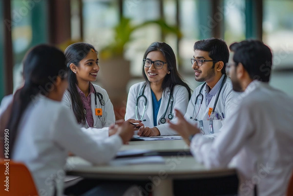 Fototapeta A group of doctors are sitting around a table, smiling and talking to each other