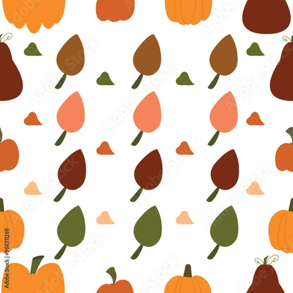 Obraz Hand drawn seamless autumn minimalistic leaves and pumpkin pattern. Stock vector illustrator