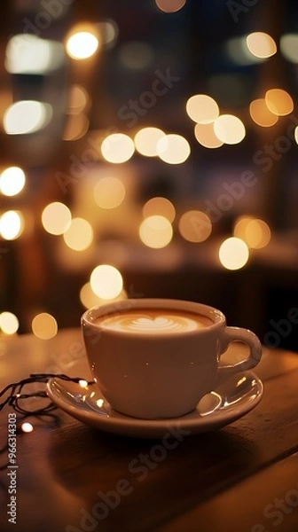 Fototapeta An artistic shot of a coffee cup with bokeh lights in a cozy cafÃ© setting, creating a warm and inviting atmosphere,No blurriness