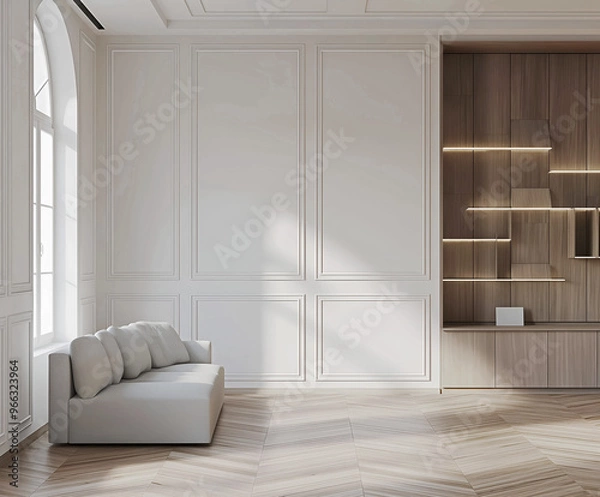 Fototapeta Aesthetic elegant modern iinterior design with classic elements. Clear mock up empty wall for decoration in the apartment. Copy space in the room with moldings. Neutral palette of natural colors