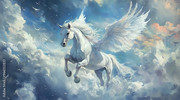 Fototapeta Artistic Style Painting of a Flying Horse with Wings Horse in the Sky Horse in the Clouds with Wings Aspect 16:9