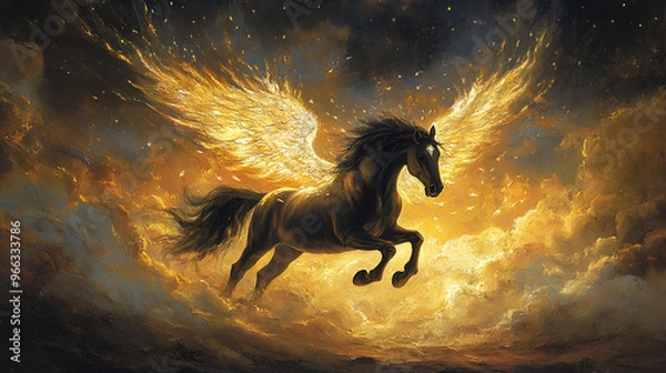 Fototapeta Artistic Style Painting of a Flying Horse with Wings Horse in the Sky Horse in the Clouds with Wings Aspect 16:9