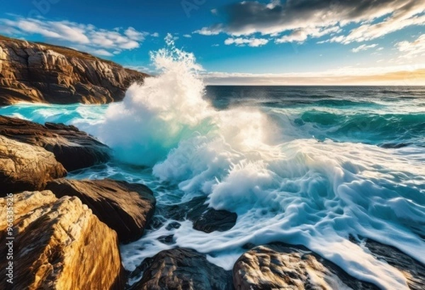 Fototapeta vibrant sea waves crashing rugged rocky shores under bright blue sky white foam turquoise tints, beach, coastline, ocean, landscape, scenery, water, marine