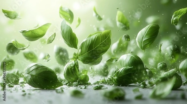 Fototapeta Fresh Basil Leaves in Motion Generative AI