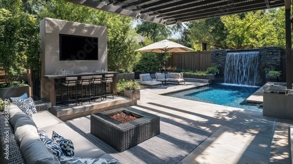 Fototapeta Modern Backyard Oasis with Swimming Pool and Waterfall