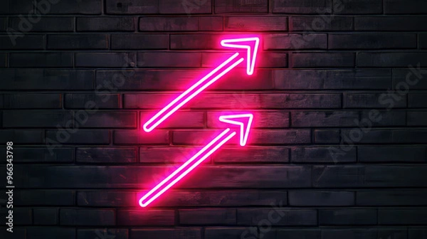 Obraz  Two neon pink arrows pointing upwards in parallel on a dark brick wall, creating a futuristic, modern visual design.
