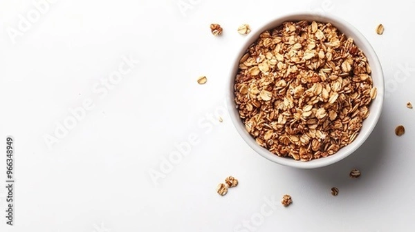 Fototapeta Bowl of granola on white surface with copy space