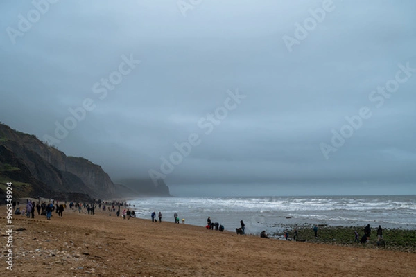 Fototapeta Tourists at Charmouth Beach collecting fossils on a cloudy and cold day by the English Channel, Dorset