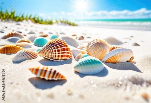 Fototapeta vibrant seashells displayed bright beach soft sand clear blue waves, ocean, nature, summer, coastline, tropical, shoreline, marine, texture, sunlight
