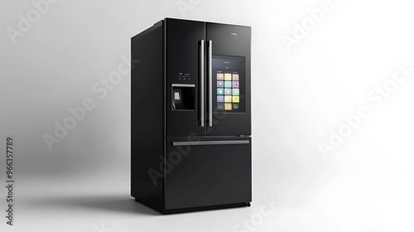 Obraz A stylish, high-tech smart refrigerator with a sleek, glass door and digital touch interface, positioned alone on a white background. 