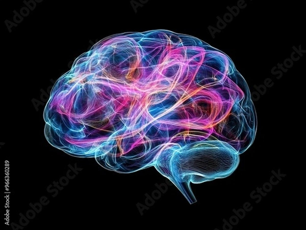 Fototapeta Neural brain made of colorful light lines on a black background