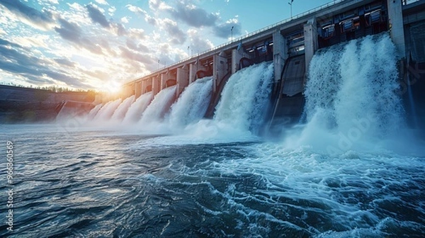 Fototapeta Hydroelectric dam in operation, with water powering turbines