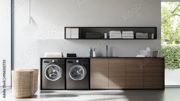 Obraz A stylish laundry room with a sleek washing machine and matching dryer, complemented by decorative storage baskets and a minimalist design.