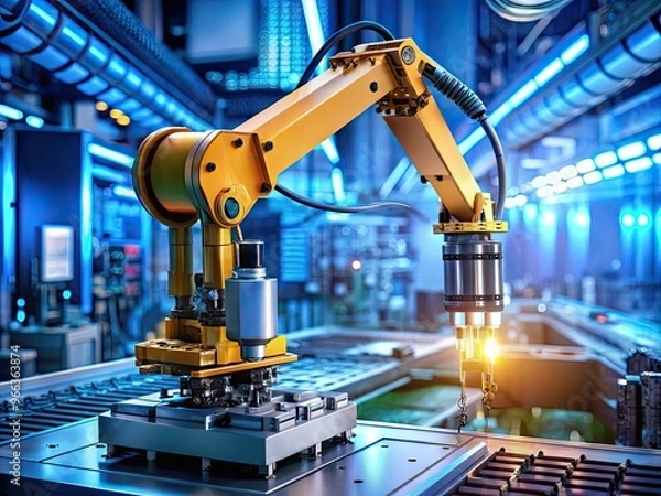 Fototapeta A futuristic robotic arm precision-assembles a complex mechanical system, with wires, circuits, and microchips, exemplifying innovative technology and industrial manufacturing.