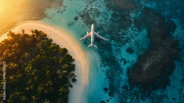 Obraz A top-down shot of an airplane flying over a tropical island surrounded by turquoise waters. 