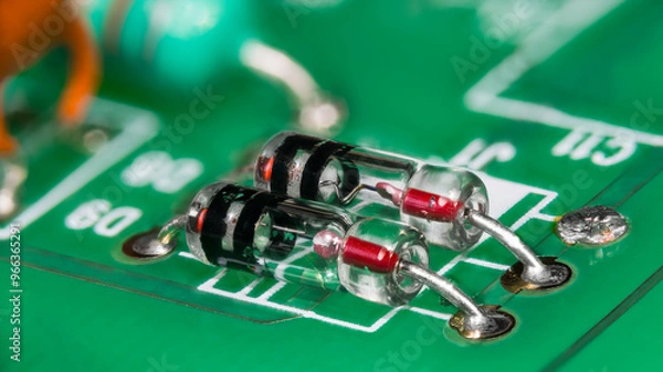 Fototapeta Two point-contact diodes in glass package on green printed circuit board. Closeup of electronic components with germanium crystal and metal wire semiconductor junction in striped tube on a PCB detail.