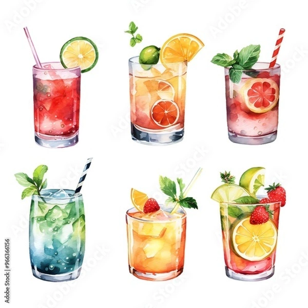 Fototapeta Watercolor summer cocktails, with slices of fruits, isolated with white background, illustration