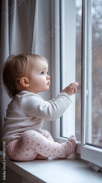 Fototapeta Curious baby in white sweater and pink patterned pants sits on windowsill, gazing out at the world beyond. Soft light illuminates the infant's profile and wonder.