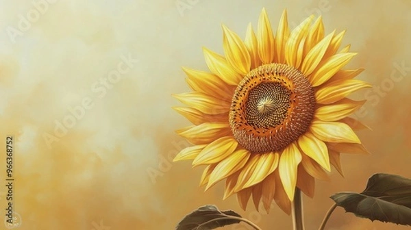 Fototapeta A top view of a single, large sunflower with its petals spread out, showcasing its intricate details and bright yellow color against a soft background.