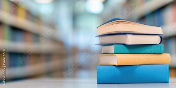 Obraz stack of colorful books on table with blurred book shelves in library background