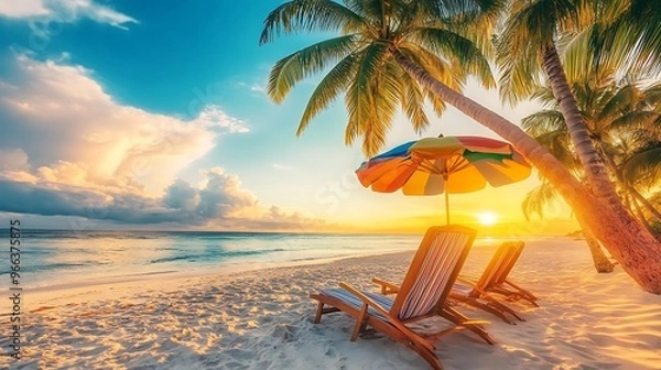 Obraz A tropical beach bathed in the warm glow of sunset, with white sand stretching beneath tall palm trees. 