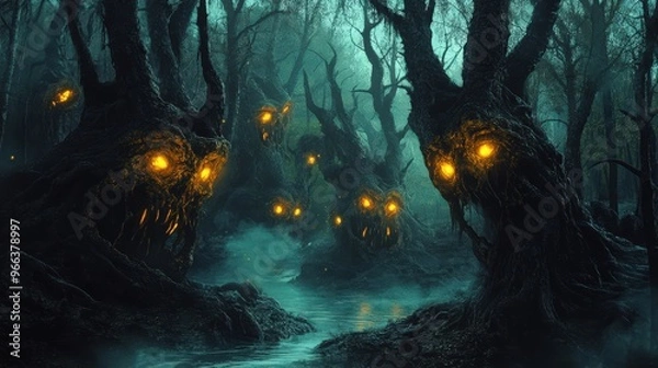 Fototapeta Mysterious forest scene featuring eerie trees with glowing eyes, shrouded in fog, creating an ominous, enchanting atmosphere.