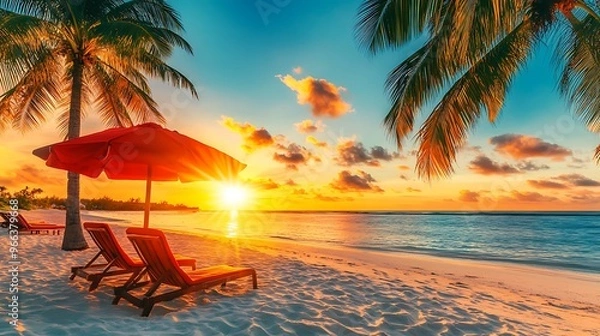 Obraz A sunset on a tropical beach with brilliant colors reflecting off the white sand. Palm trees sway gently, and beach chairs beneath an umbrella